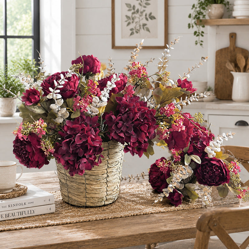 Artificial Peony & Hydrangea Bouquet, 3-Bloom Faux Silk Flowers with Bendable Stems, Autumn Home & Wedding Decor