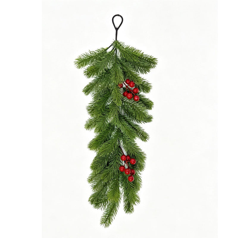 Artificial Pine Needle Poinsettia Christmas Wreath Hanging Vine, Red Berry Wall Door Swag, Green or White-Green, Holiday Decor