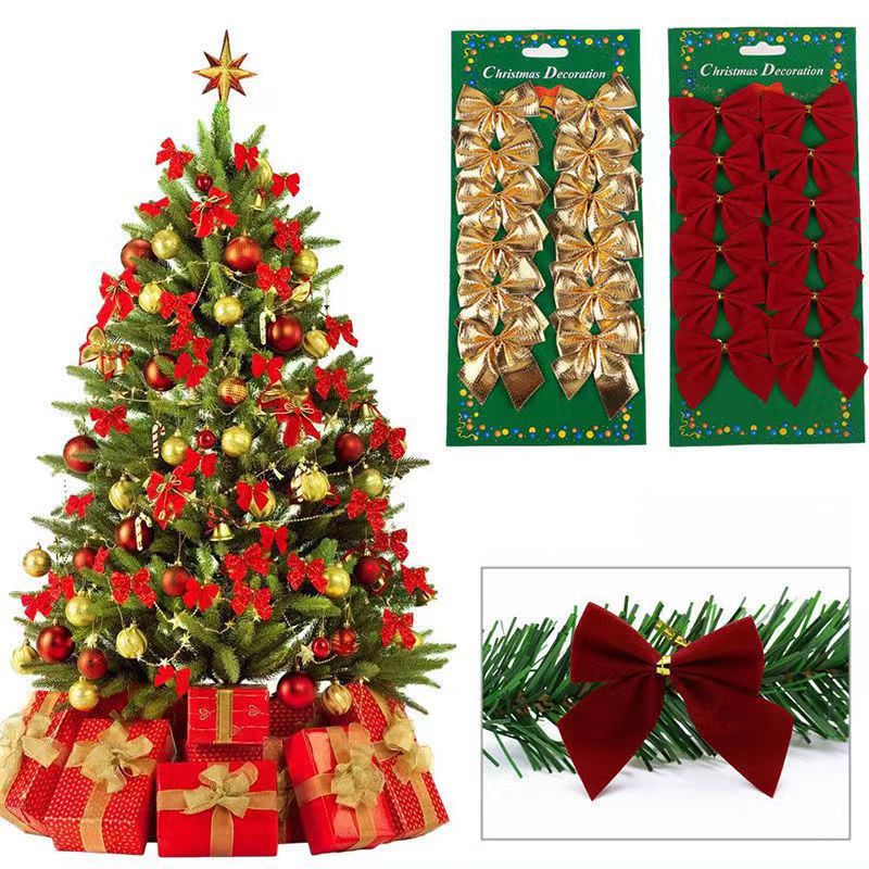 Lot de 12 nœuds de Noël floqués pour décorations d'arbres de Noël