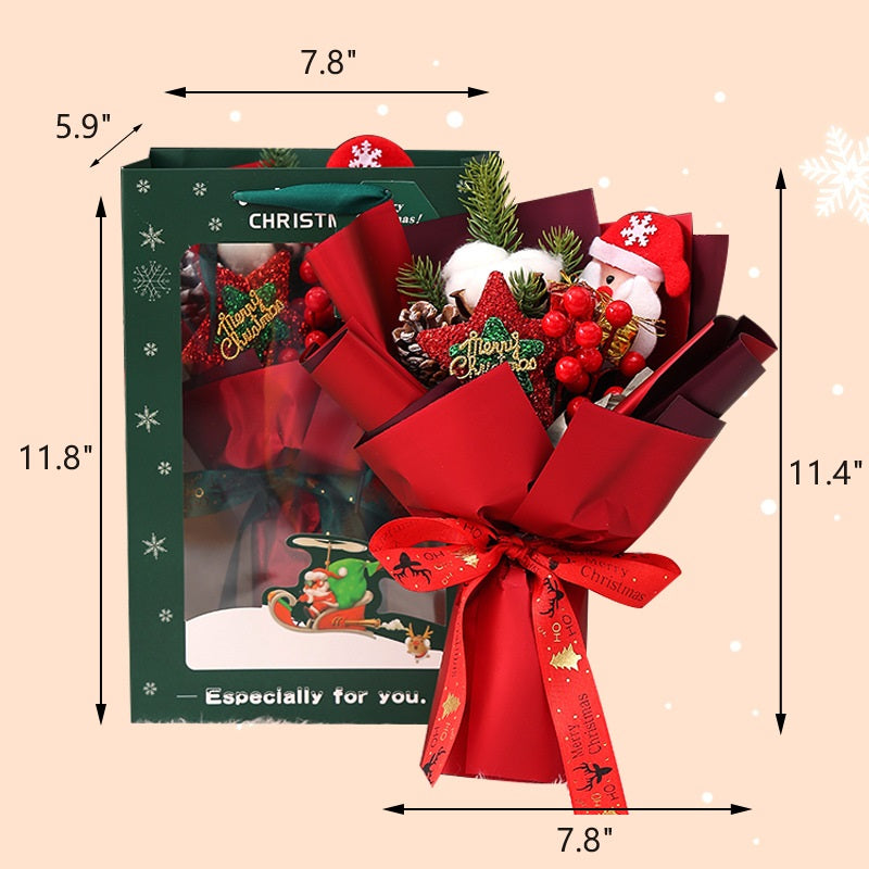 Bouquet de fleurs artificielles de Noël en vrac de 11 pouces avec poupée de Père Noël à baies rouges et étoile scintillante pour cadeaux de petite amie en gros