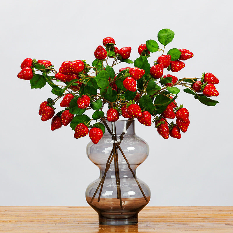 Artificial Strawberry Stem with Leaves, Single Stem with 11 Berries, 19" Long, Realistic Faux Fruit Decor for Home, Wedding & Commercial Displays
