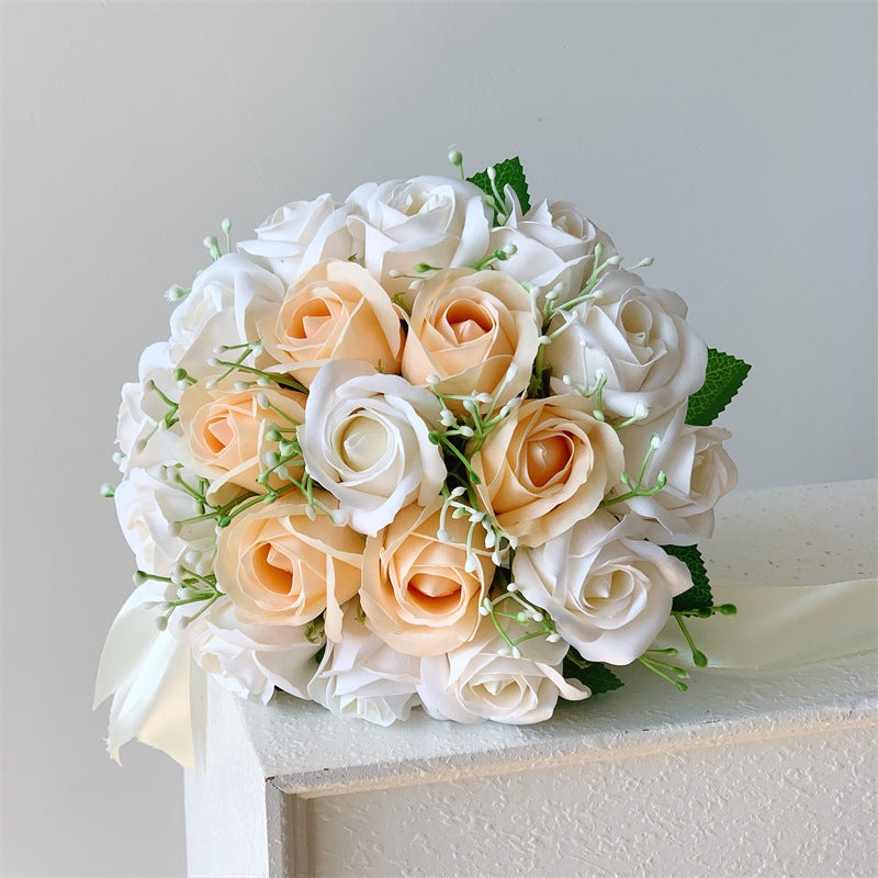 Artificial Silk Rose Bridal Bouquet, 18-Bloom Wedding Bouquet in Cream White, 12" Height for Bridesmaids & Centerpieces