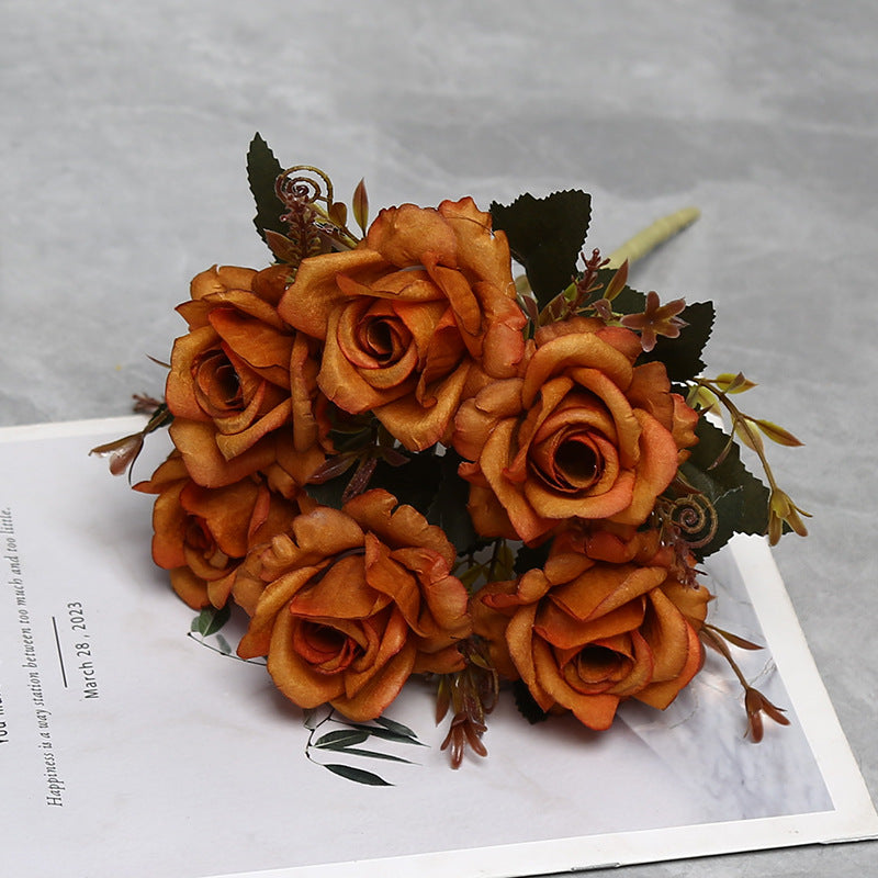12" Autumn-Toned Rose Bush with 6 Blooms, Faux Silk Floral Arrangement for Home Decor, Weddings & Events