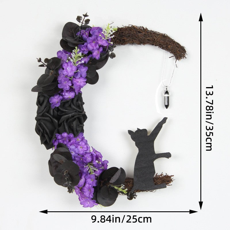 Bulk Halloween Moon Cat Wreath with Rose Gothic Grapevine Wreath for Farmhouse Porch Front Door Window Wall Decor Wholesale