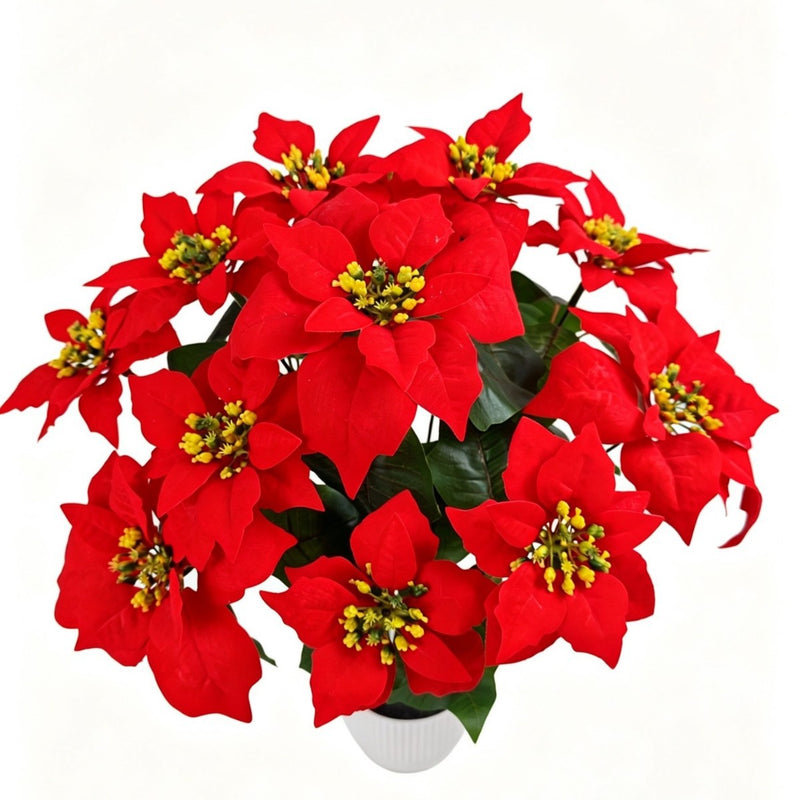 20" Artificial Poinsettia Bush with 12 Blooms, Silk-Like Faux Flowers for Christmas, Weddings & Home Decor