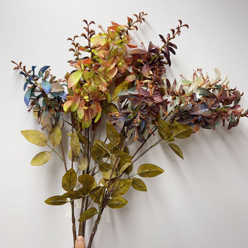 Single Stem Artificial Erythrina Flower with Eucalyptus Leaves and Coral Leaves, 33" Tall, Faux Silk, Indoor or Outdoor Use
