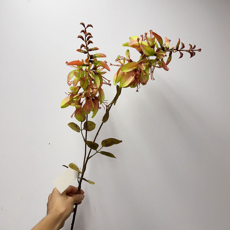 Single Stem Artificial Erythrina Flower with Eucalyptus Leaves and Coral Leaves, 33" Tall, Faux Silk, Indoor or Outdoor Use