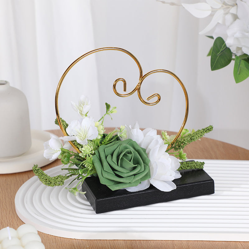 Vintage Heart Ring Holder with Artificial Roses and Daisies, 7.5 Inch, Includes Pot