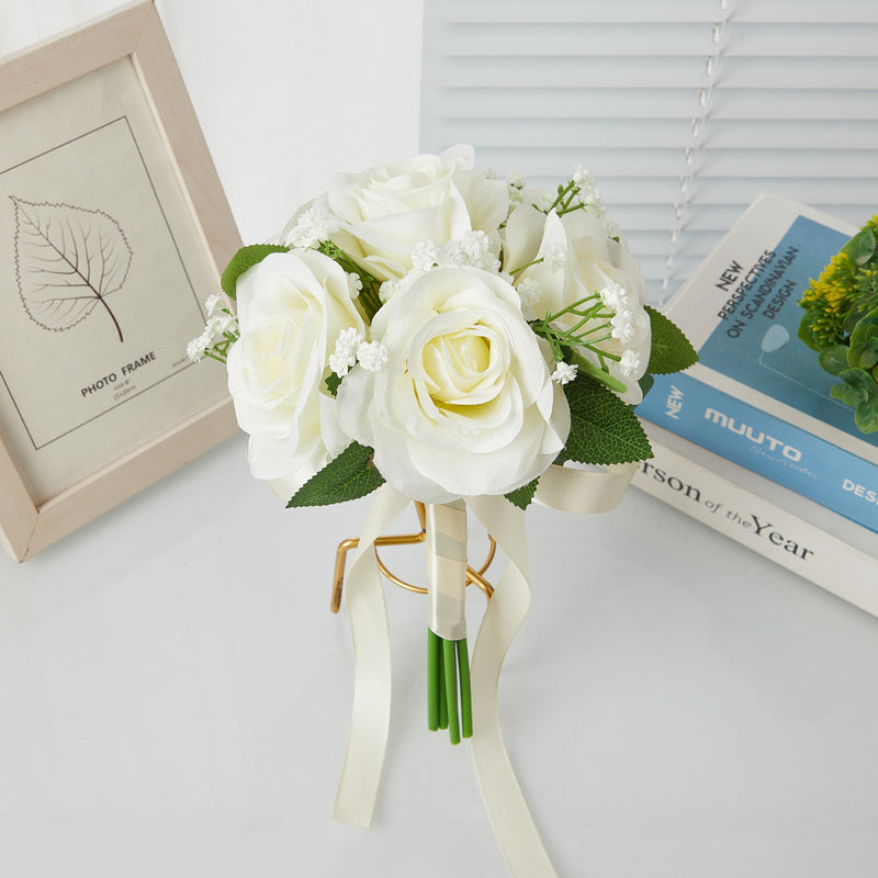 Rustic Rose and Baby’s Breath Bouquet, 11-Inch Silk-Like Fabric Wedding Handheld Flower Bouquet