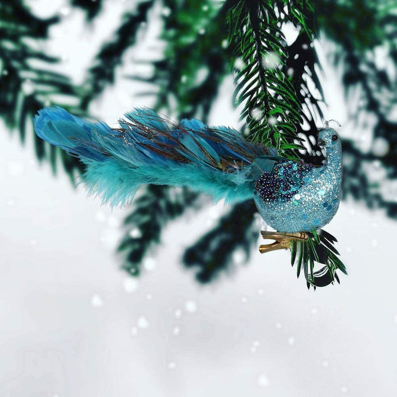 Bulk Christmas Glitter Simulated Peacock Ornaments with Open Screen Decorations for Xmas Tree Home Wall Door Party Decor Wholesale