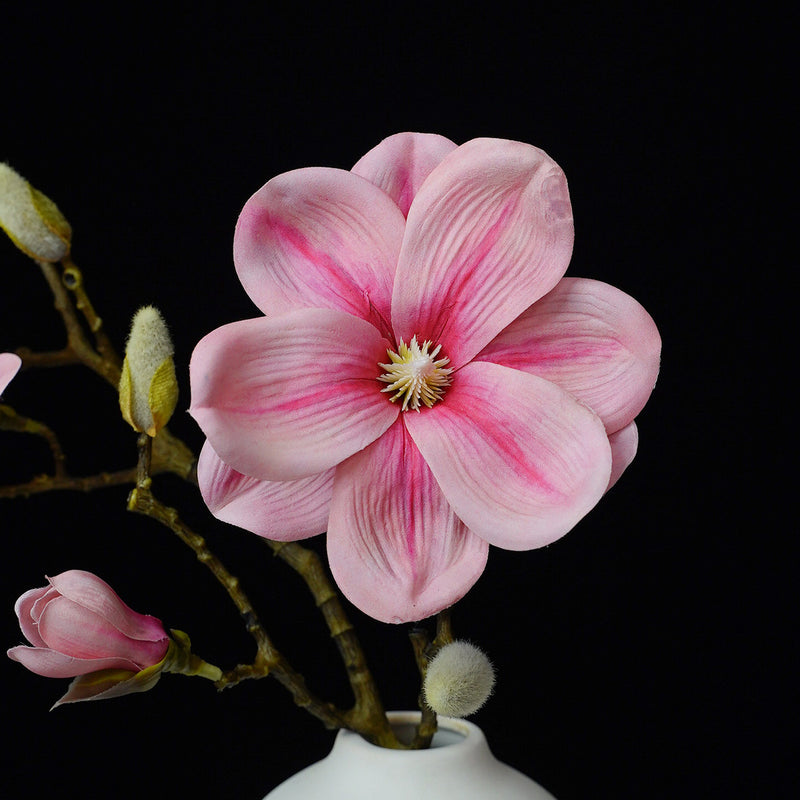 Single Stem Magnolia Branch with 4 Blooms, 27" Tall PU Faux Flower for Home Decor, Weddings & Events