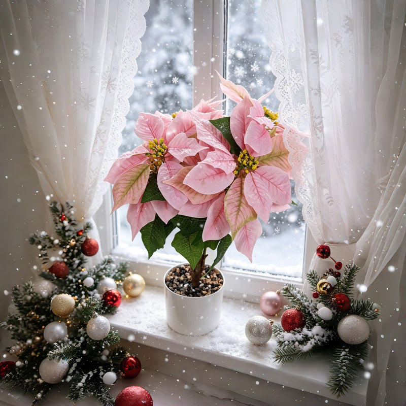 Artificial Poinsettia Christmas Bush with 23" Bloom, Silk-Like Faux Flowers for Holiday Decor, Weddings & Events