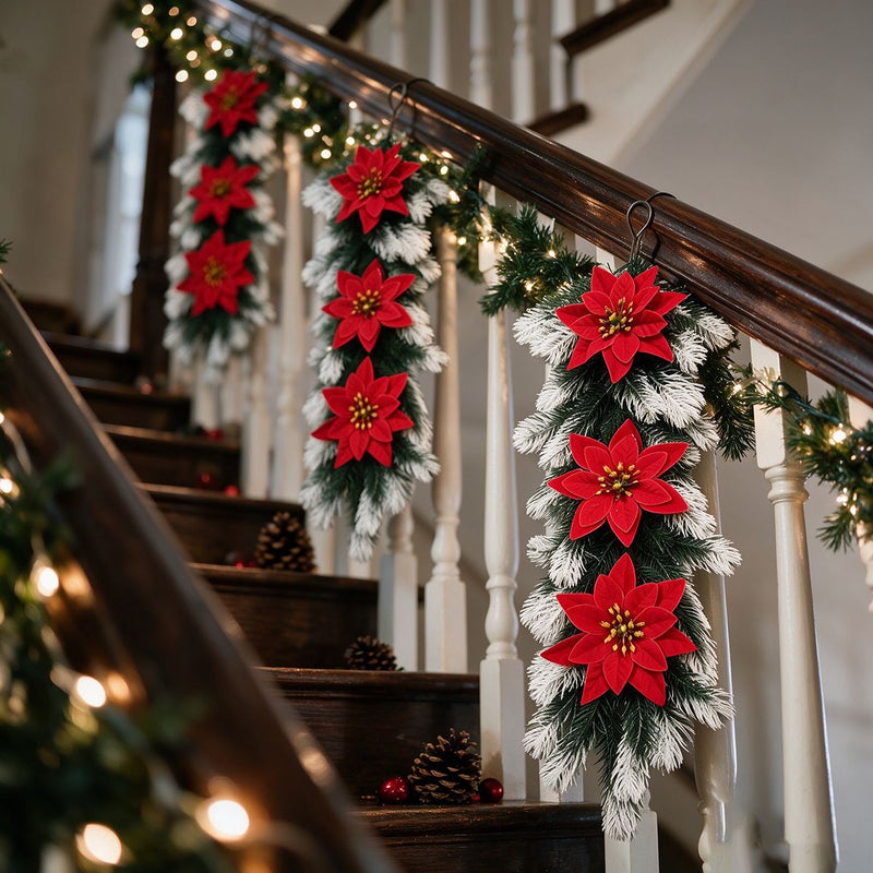 Artificial Pine Needle Poinsettia Christmas Wreath Hanging Vine, Red Berry Wall Door Swag, Green or White-Green, Holiday Decor
