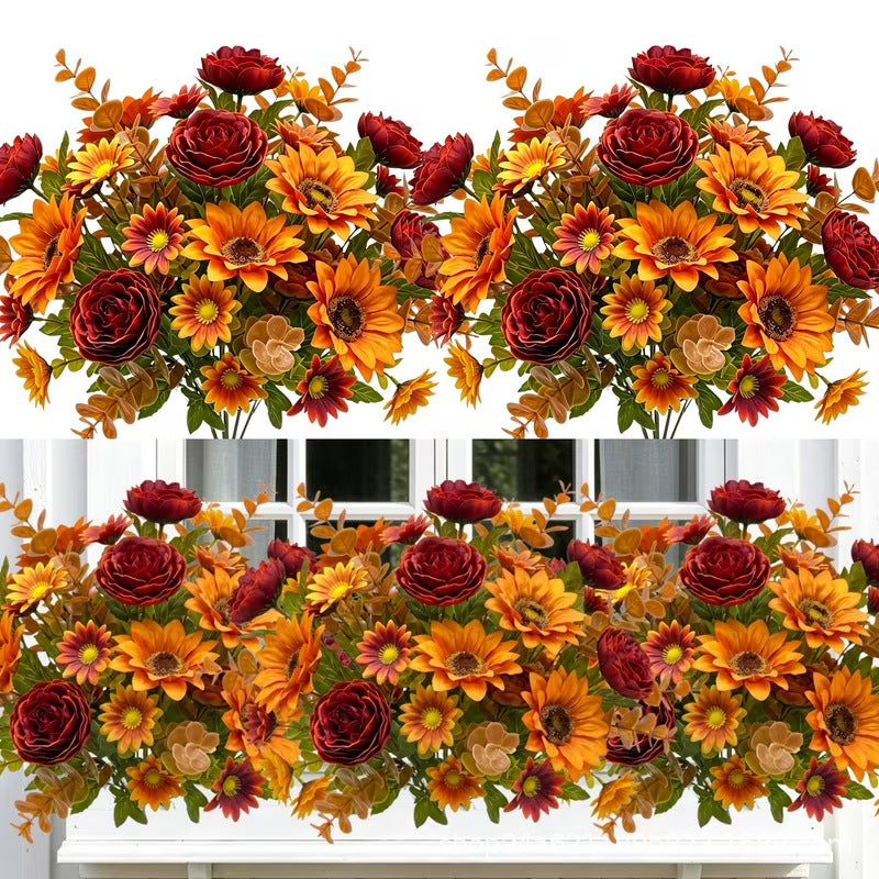 13" Artificial Sunflower Bush with 6 Blooms, Realistic Plastic Flowers for Home Decor, Weddings & Events