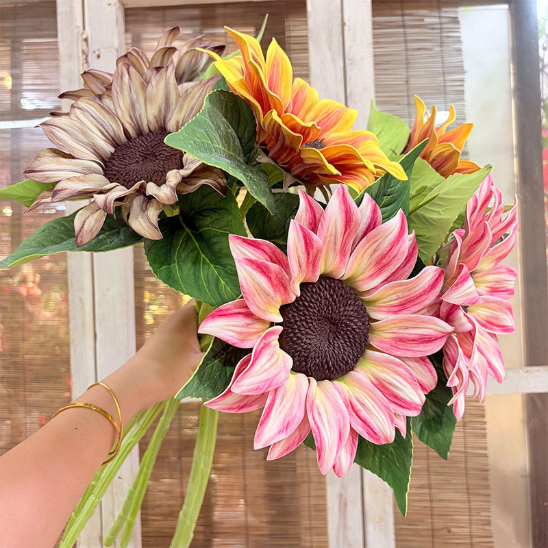 Single Stem Artificial Sunflower, 27" Tall with 6.5" Bloom, Silk-Like Fabric, Rustic & Modern Decor