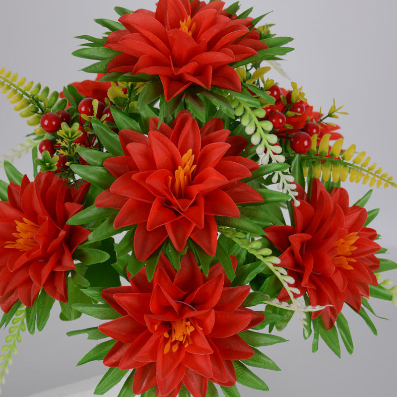 Bulk Exclusive Dahlia with Berries Bush Bouquets in Vase Artificial Flowers for Graves and Memorials Arrangements Wholesale