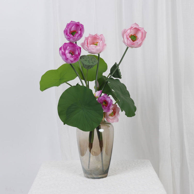 Artificial Lotus Flower Bush with 3 Blooms, Lotus Leaves & Seed Pod, PU Faux Lotus for Tea Room, Wedding, Home Decor