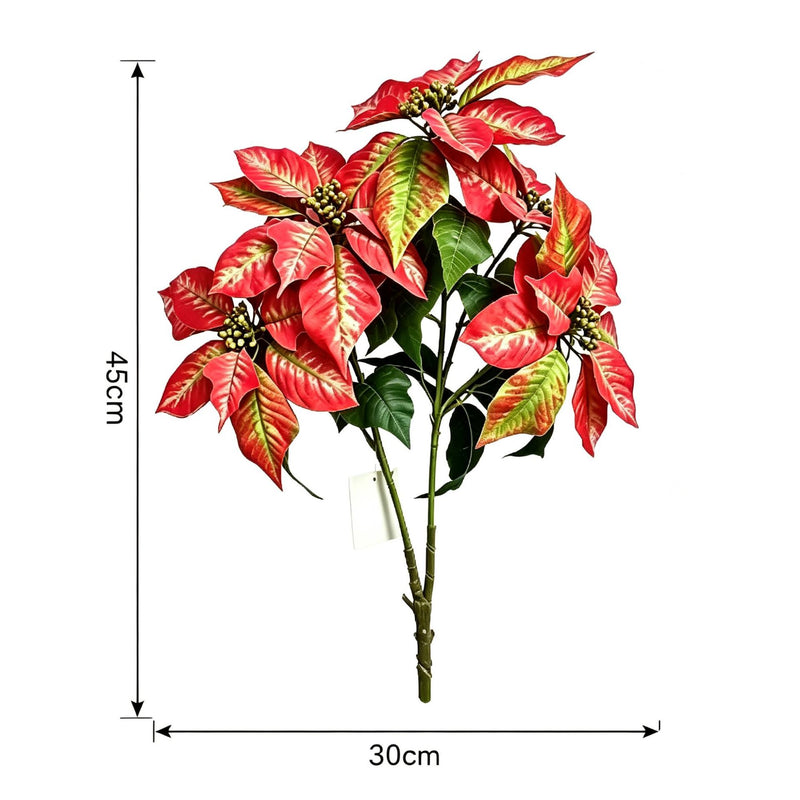 Artificial Poinsettia Bush with 12 Blooms, 18" Tall, Lifelike Silk-Like Faux Flowers for Christmas Decor, Weddings, Home & Office