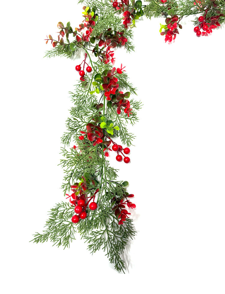Artificial Eucalyptus Garland with Red Berries & Juniper Pine Needles, Trailing Vine, Christmas Holiday Greenery Decor