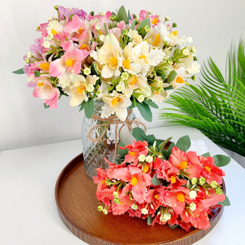 Artificial Cattleya Orchid Bush with 10 Blooms, 12" Silk-Like Floral Arrangement for Weddings, Home Decor, and Table Centerpieces