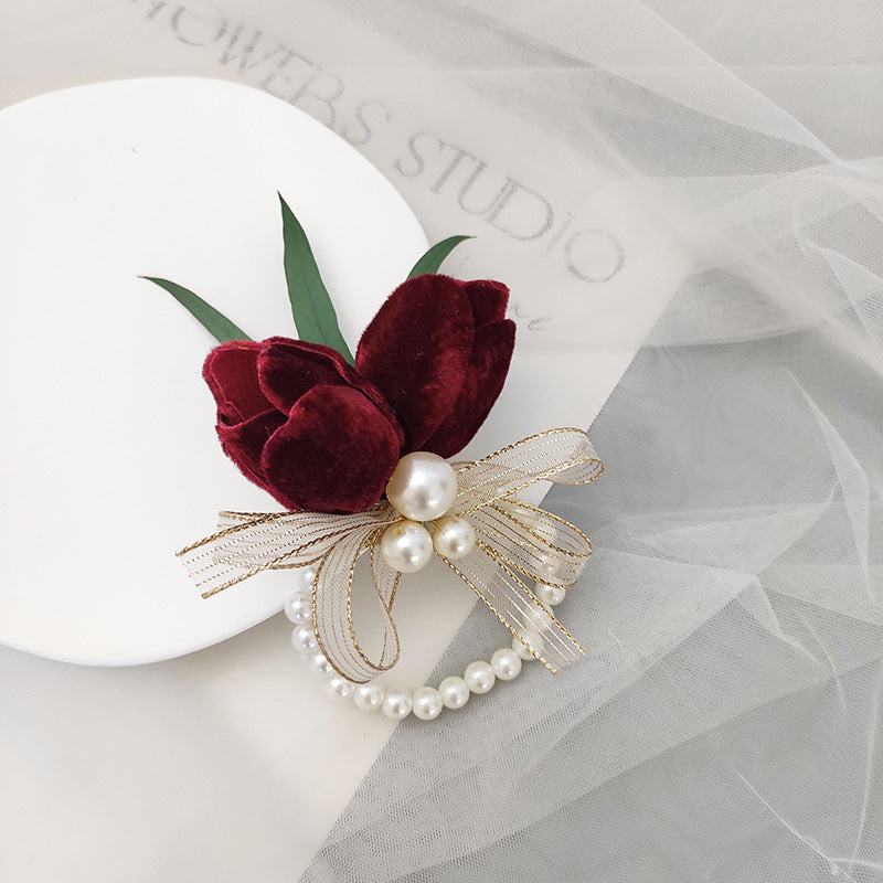 Bulk Romantic Marsala Artificial Velvet Tulips Wrist Corsage Wholesale