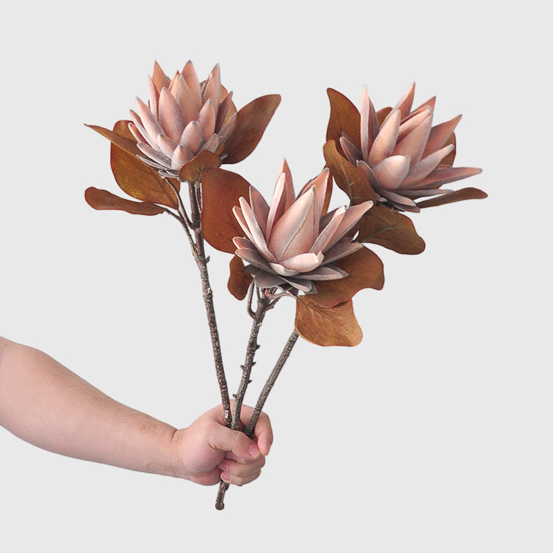 Single Stem Artificial Protea Flower in Caramel Tone, Retro Home Decor, 20" Tall, Silk-Like Fabric