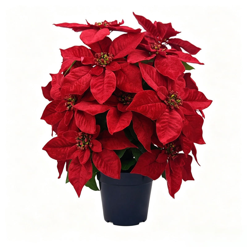 Artificial Poinsettia Bush with 20 Blooms, 19" Christmas Floral Arrangement with Pot, Indoor/Outdoor Holiday Decor