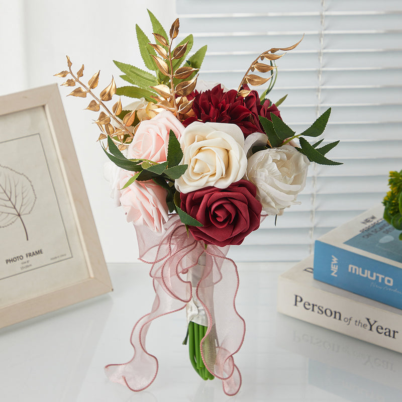 Hand-Tied Bouquet with 7 Rose Blooms, 11.4" Tall, Rustic Style, Perfect for Weddings and Indoor Décor
