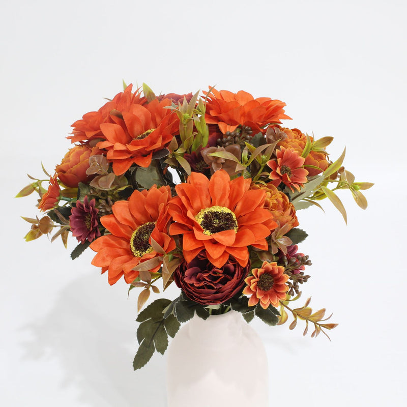 13" Artificial Peony, Daisy & Sunflower Bush with 8 Blooms, Plastic Faux Flowers for Home, Wedding, Outdoor Decor
