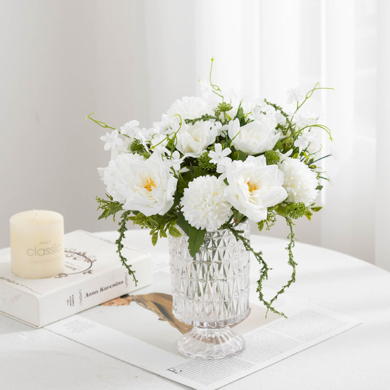11" Artificial Rose & Chrysanthemum Bush, Realistic Fake Flower Arrangement with 5 Blooms - Wedding Centerpiece, Home Decor, Tabletop Display