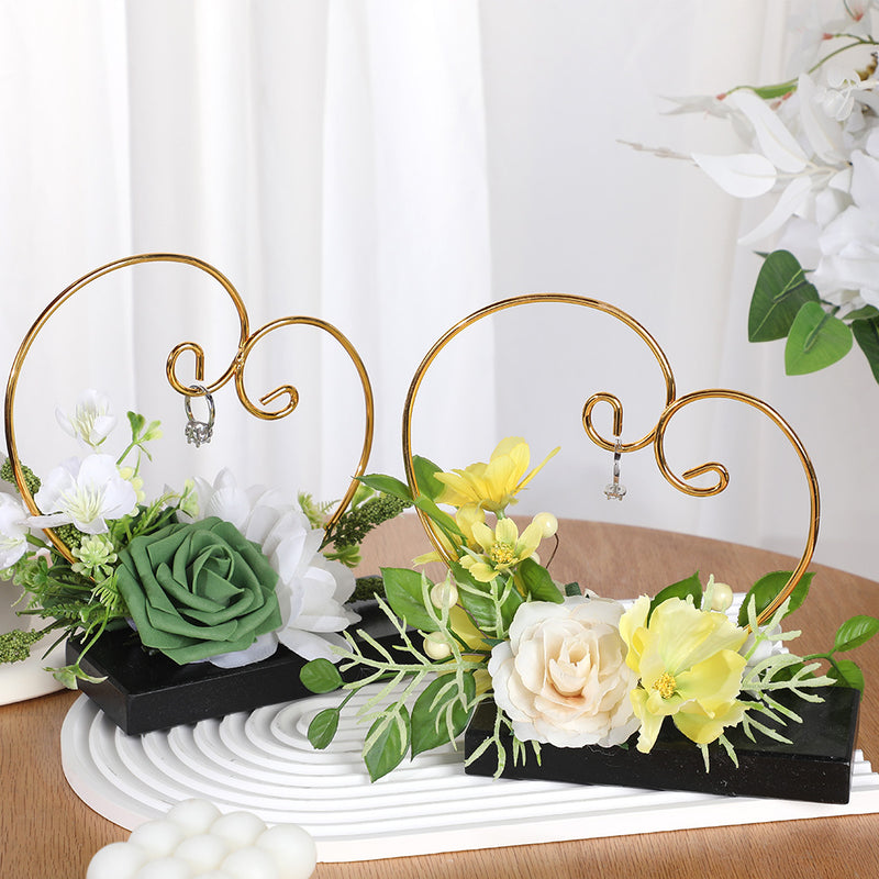 Vintage Heart Ring Holder with Artificial Roses and Daisies, 7.5 Inch, Includes Pot