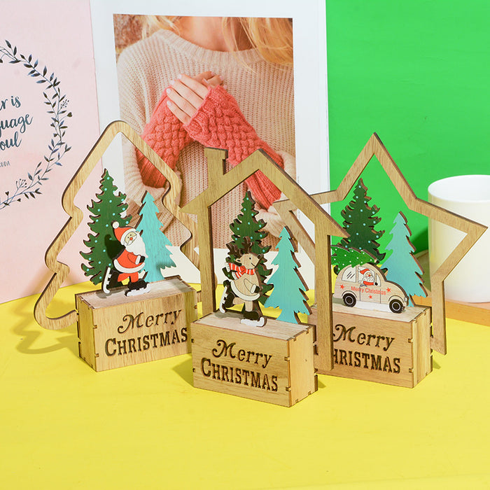 Bulk Wooden Merry Xmas Ornament with Hollow-out House Star Xmas Tree for Tabletop Decor Wholesale