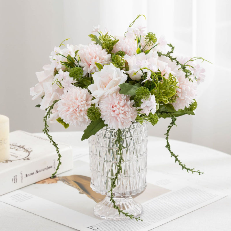 11" Artificial Rose & Chrysanthemum Bush, Realistic Fake Flower Arrangement with 5 Blooms - Wedding Centerpiece, Home Decor, Tabletop Display