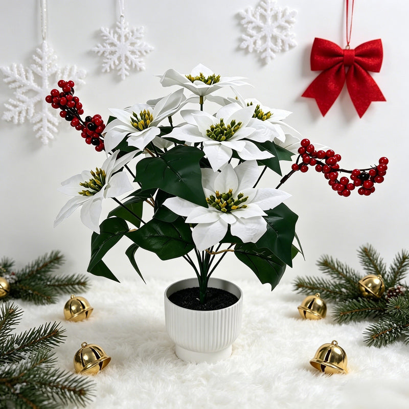 21" Faux Velvet Poinsettia Bush, Christmas Holiday Decoration, Realistic Artificial Flowers for Home, Office, Wedding & Events
