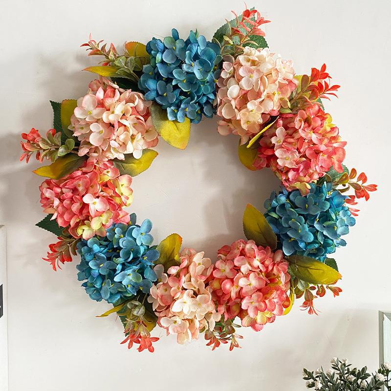 16" Blue and Pink Artificial Hydrangea Garland, Modern Farmhouse Style Silk Flower Vine for Home Decor, Weddings, and Events