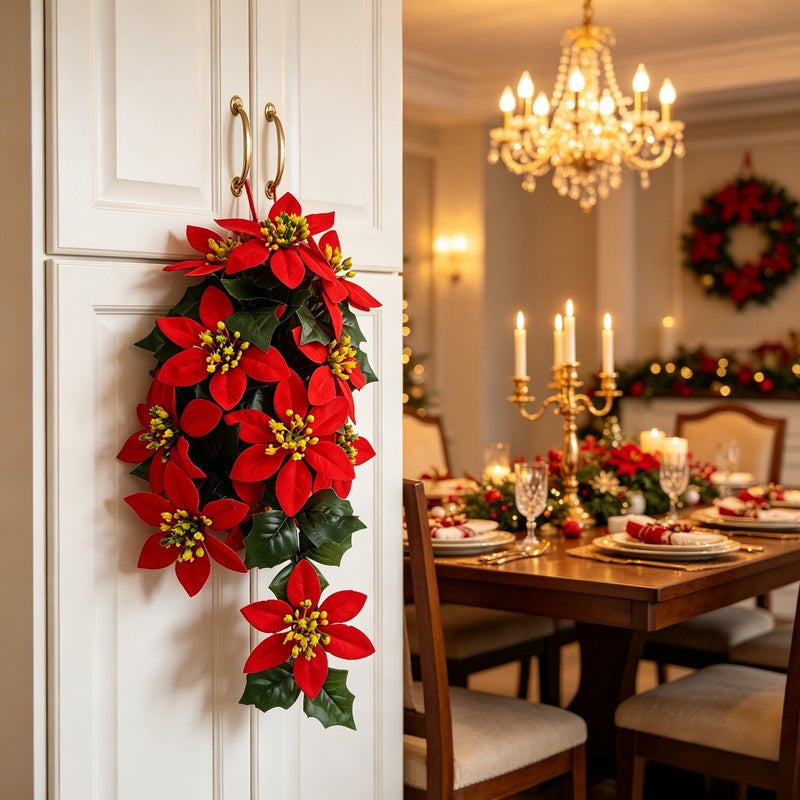 16" Artificial Poinsettia Garland with 11 Blooms, Bendable Wire Stem Christmas Holiday Decor for Walls, Doors and Banisters