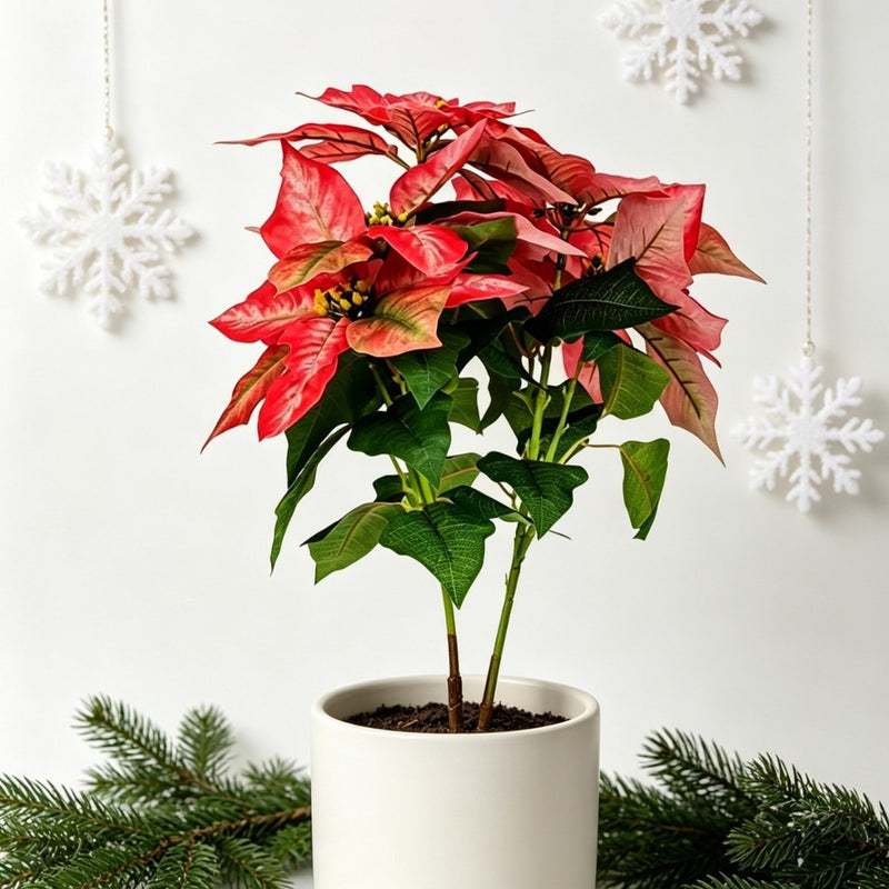 Artificial Poinsettia Bush with 5 Blooms, 20" Silk-Like Christmas Decor for Home, Weddings & Events