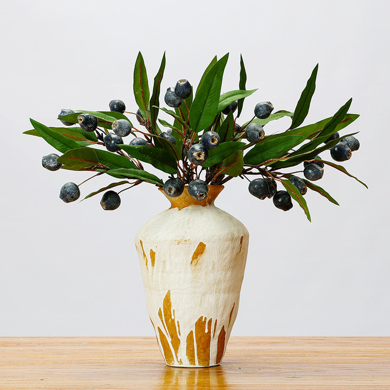 Artificial Pipa Fruit Bush with Leaves, Rustic Wabi-Sabi Style Faux Botanicals, 18" Tall, for Wedding Centerpieces, Home Decor, and Commercial Styling