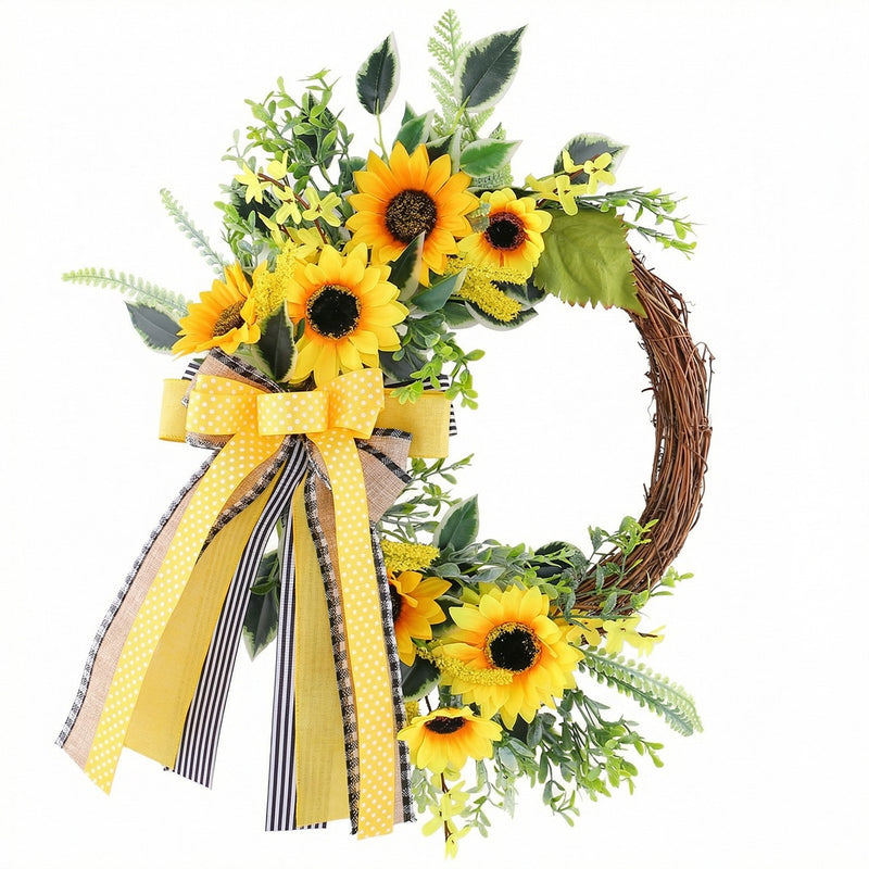Sunflower Half Wreath with Bee Accents, 18" Autumn Floral Garland, Door Decoration