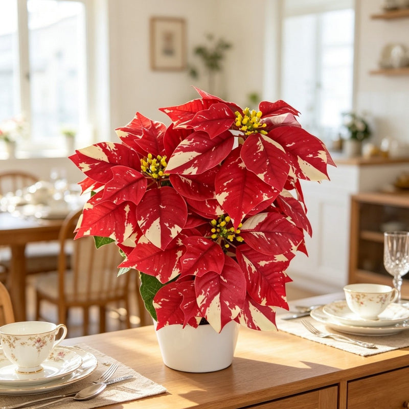 Artificial Poinsettia Bush with 9" Snowflake-Patterned Blooms, 20" Tall, Bendable Stems for Christmas & Holiday Decor