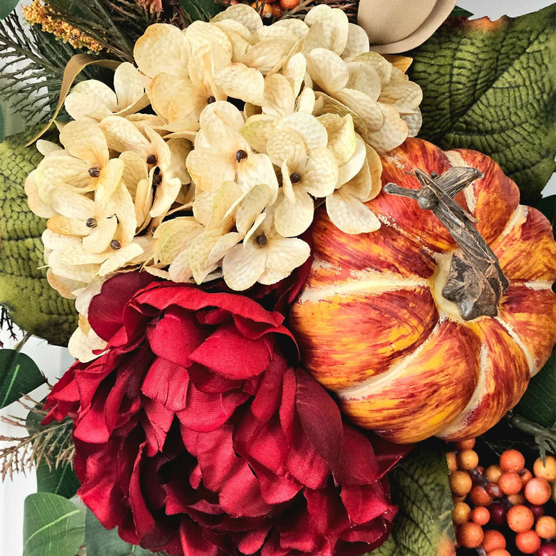Autumn Harvest Floral Wreath, 16" Rustic Pumpkin & Hydrangea Wall Decor, Farmhouse Style Door Hanging for Fall Home, Wedding, Coffee Shop