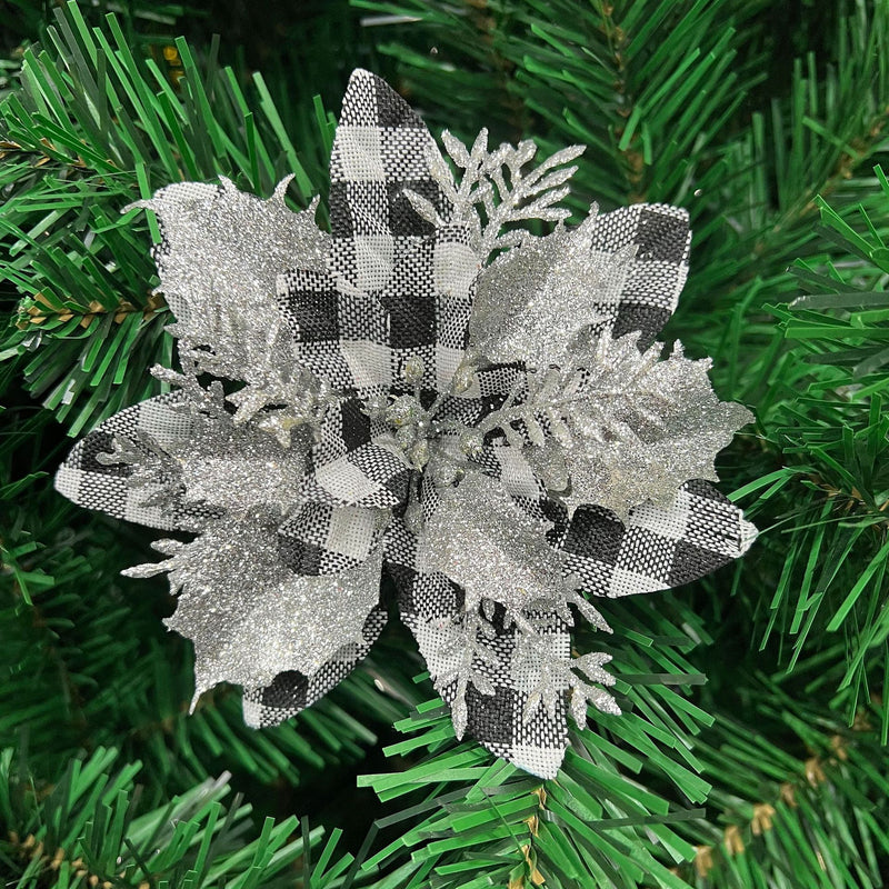 Christmas Poinsettia Floral Pick, 5.5" Red/Silver Artificial Flower Head for Holiday Decor, DIY Wreaths & Centerpieces