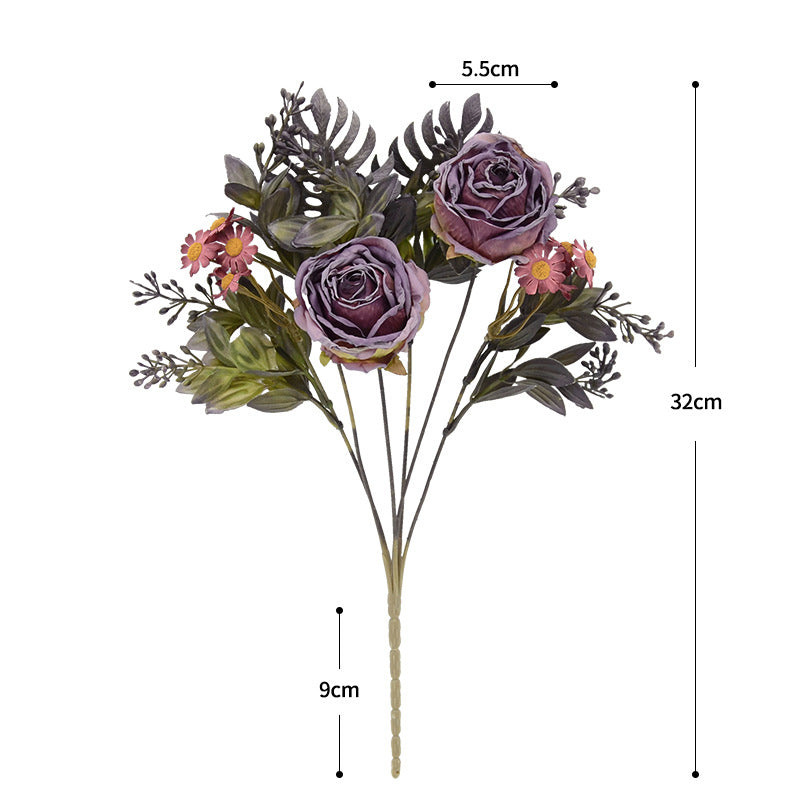 Artificial Rose & Daisy Bush with 12 Blooms, 12" Tall, Realistic Faux Flowers for Home Decor, Weddings & Events