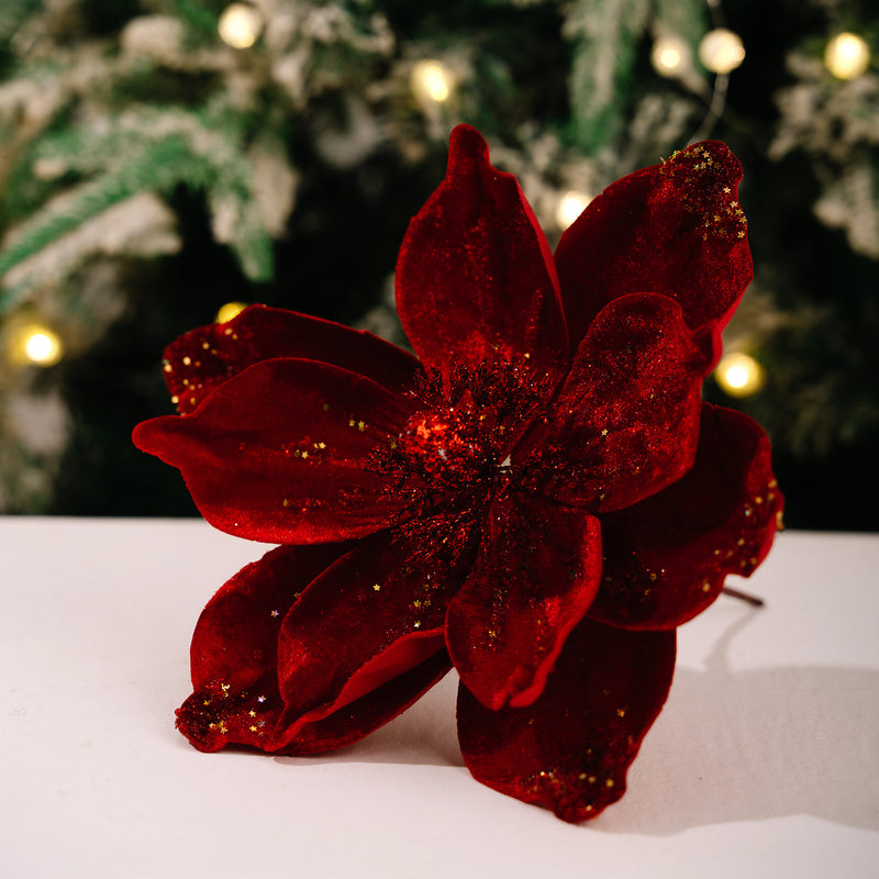 Gold Glitter Velvet Magnolia Artificial Flower Stem, Single Stem 1 Bloom, Christmas Tree Ornament, Holiday & Wedding Decor