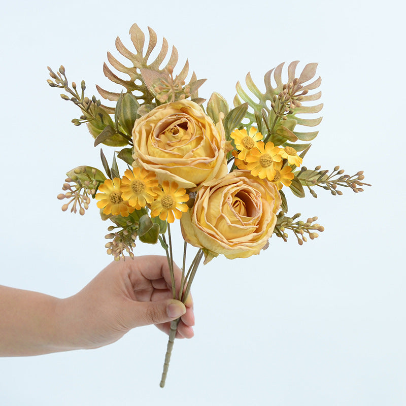 Artificial Rose & Daisy Bush with 12 Blooms, 12" Tall, Realistic Faux Flowers for Home Decor, Weddings & Events