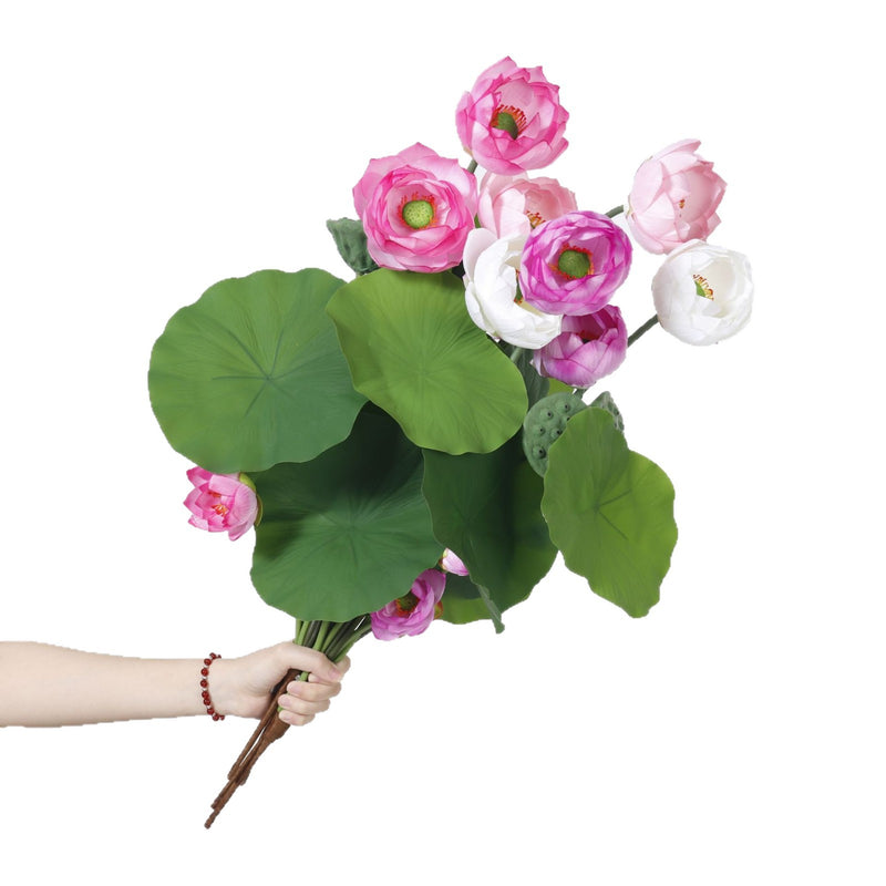 Artificial Lotus Flower Bush with 3 Blooms, Lotus Leaves & Seed Pod, PU Faux Lotus for Tea Room, Wedding, Home Decor