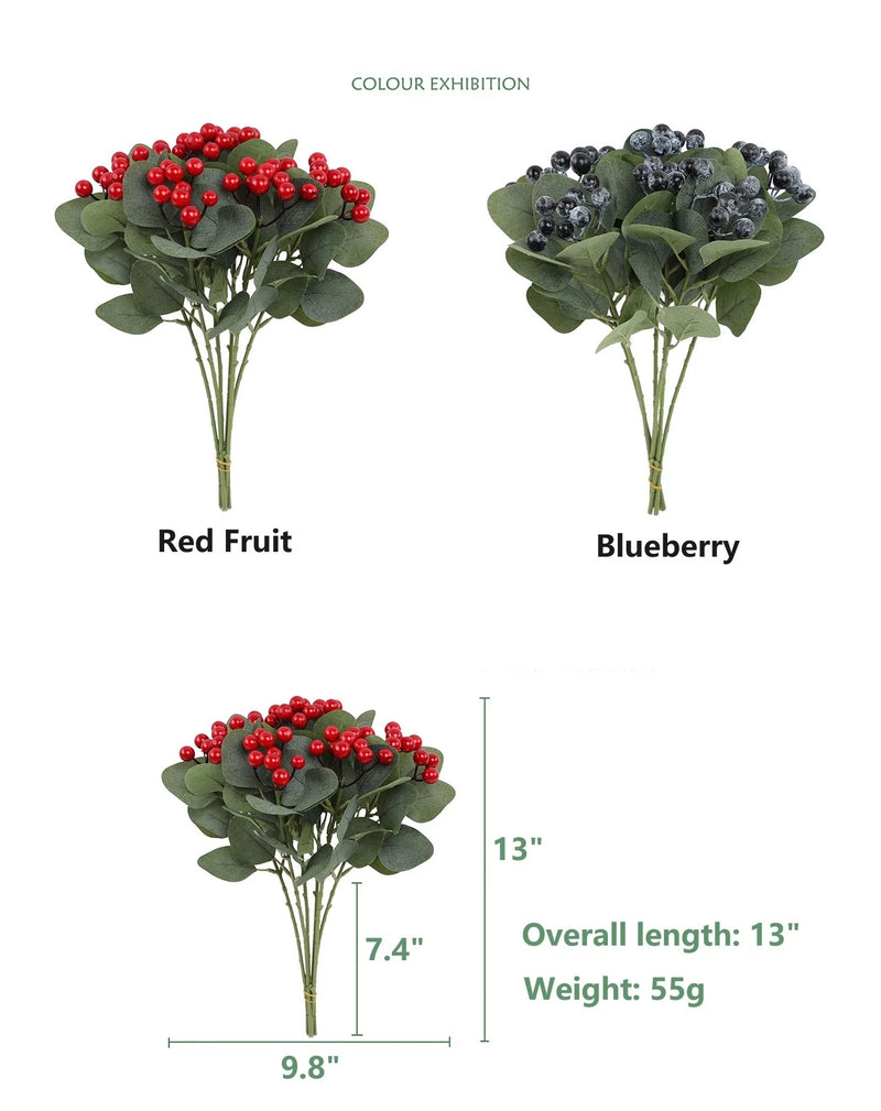 Lot de 6 tiges artificielles en vrac avec baies rouges et myrtilles de 17 pouces, branches de houx de Noël pour décoration de maison de vacances en gros