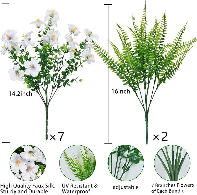 Artificial Eucalyptus & Trumpet Flower Bushes with Persian Fern, 9-Piece Set, Plastic, Rustic Indoor Outdoor Greenery