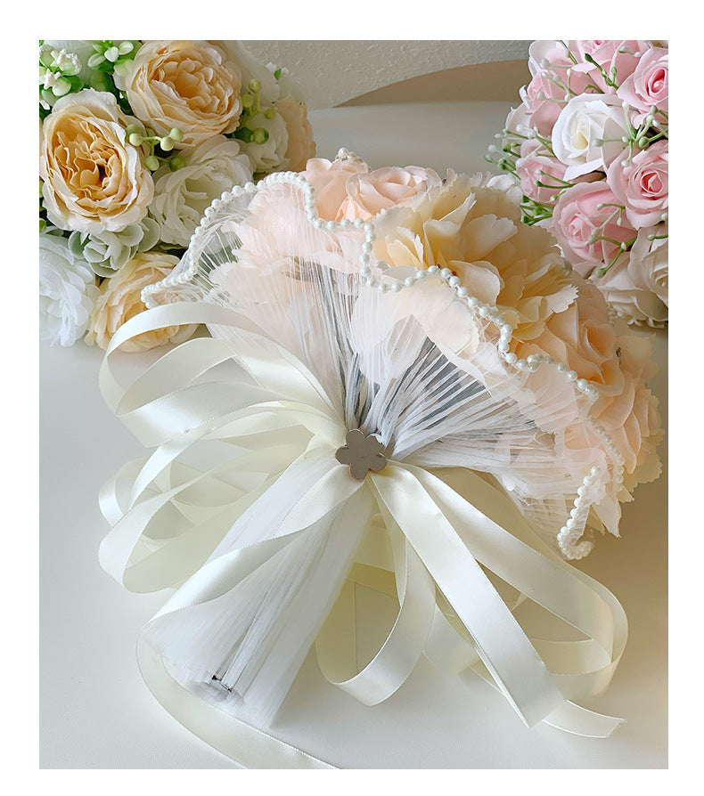 Artificial Silk Rose Bridal Bouquet, 18-Bloom Wedding Bouquet in Cream White, 12" Height for Bridesmaids & Centerpieces