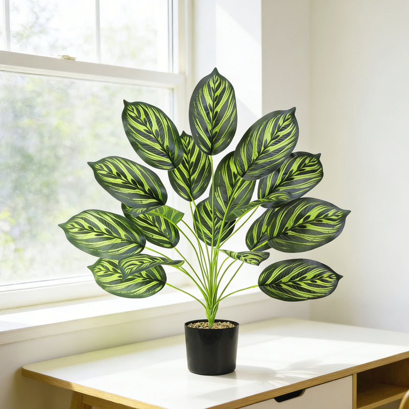 Artificial Golden Allusion Leaf Plant, 17" Tall Potted Faux Alocasia for Home Office Wedding Decor, Bendable Stems, No Maintenance